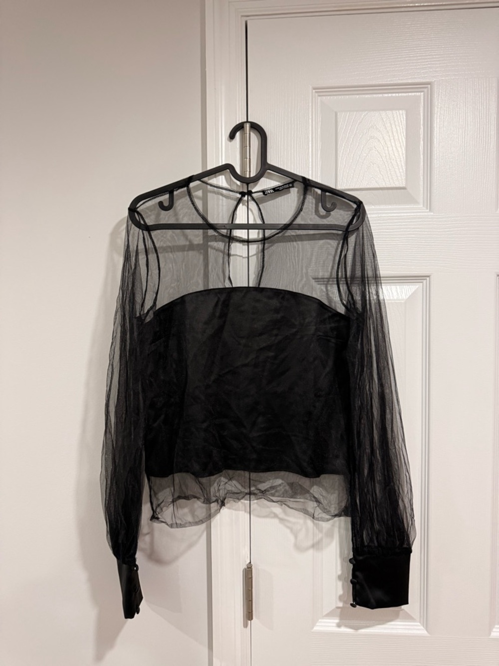 Zara Black Sheer Mesh Long-Sleeve Blouse